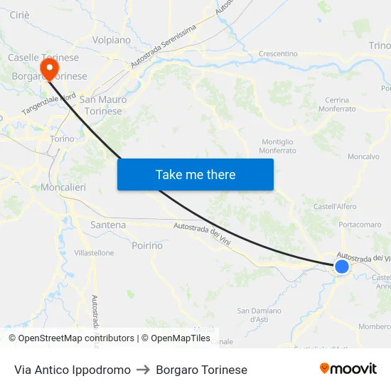 Via Antico Ippodromo to Borgaro Torinese map