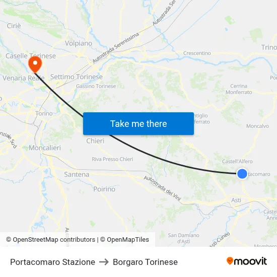 Portacomaro Station to Borgaro Torinese map