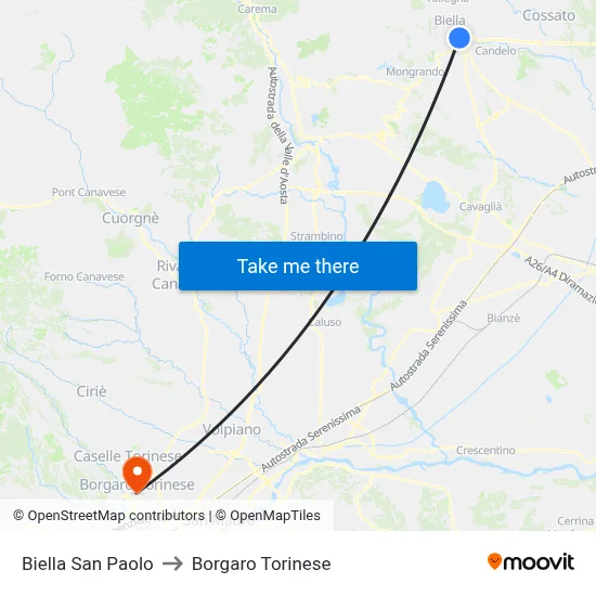 Biella San Paolo to Borgaro Torinese map