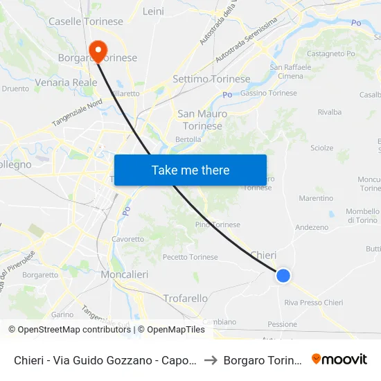 Chieri - Via Guido Gozzano - Capolinea to Borgaro Torinese map