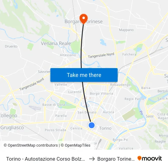 Turin - Bus Station Corso Bolzano to Borgaro Torinese map