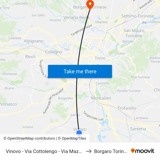 Vinovo - Cottolengo St - Mazzolari St to Borgaro Torinese map