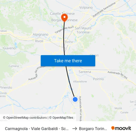 Carmagnola - Viale Garibaldi - Scuole to Borgaro Torinese map