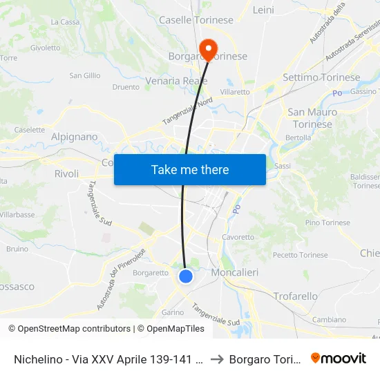 Nichelino - Via XXV Aprile 139-141 - Scuole to Borgaro Torinese map