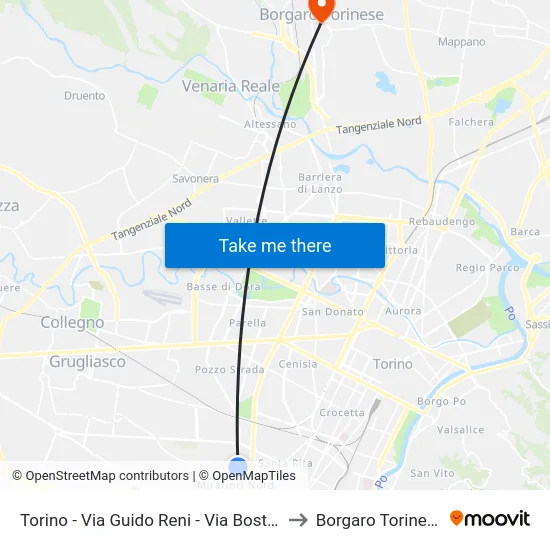 Torino - Via Guido Reni - Via Boston to Borgaro Torinese map