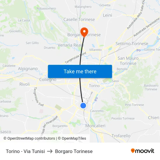 Torino - Via Tunisi to Borgaro Torinese map