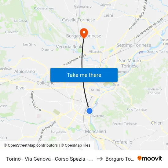 Turin - Genova Street - Spezia Course - Bozzolo Square to Borgaro Torinese map