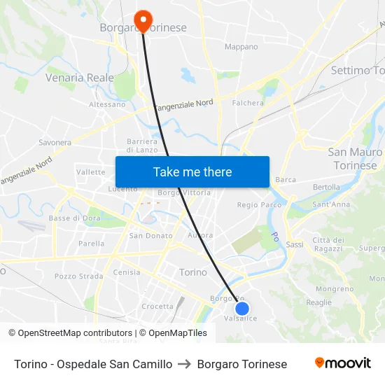 Turin - San Camillo Hospital to Borgaro Torinese map