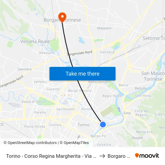 Turin - Regina Margherita Avenue - Via Fontanesi - Via Napione to Borgaro Torinese map