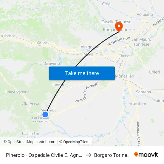 Pinerolo - E. Agnelli Civil Hospital to Borgaro Torinese map