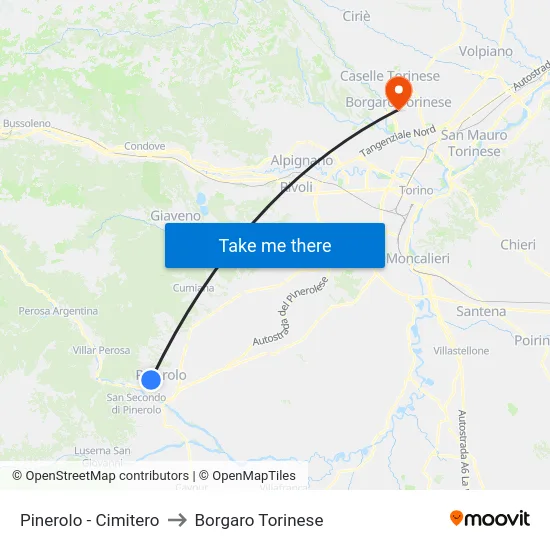 Pinerolo - Cimitero to Borgaro Torinese map