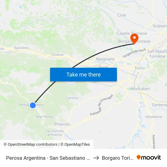 Perosa Argentina - San Sebastiano - Terminal to Borgaro Torinese map