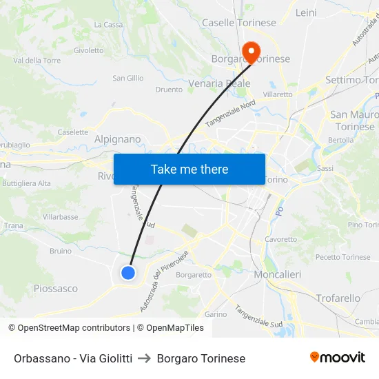 Orbassano - Via Giolitti to Borgaro Torinese map