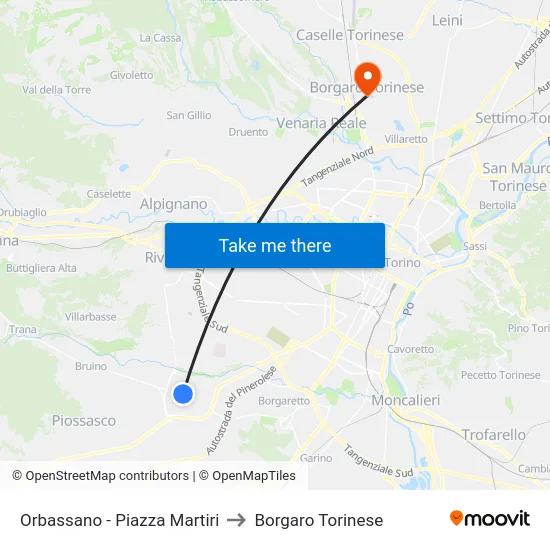 Orbassano - Piazza Martiri to Borgaro Torinese map
