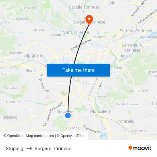 Stupinigi to Borgaro Torinese map