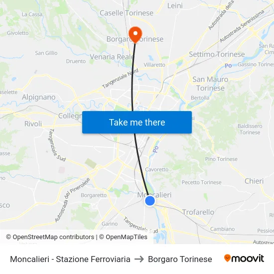 Moncalieri - Stazione Ferroviaria to Borgaro Torinese map