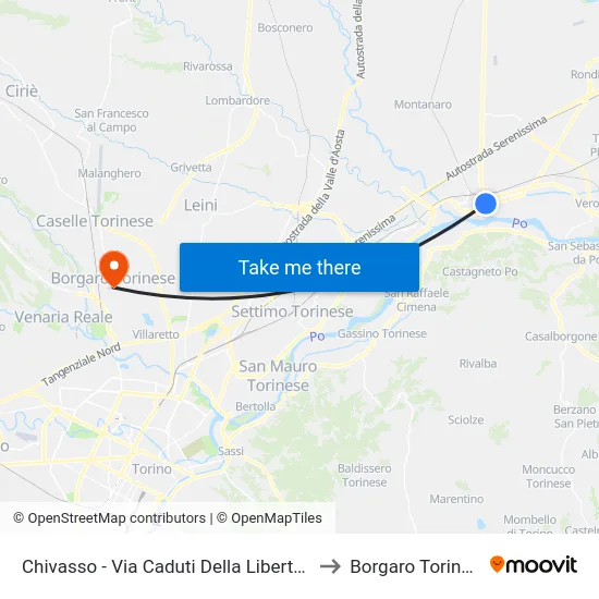 Chivasso - Via Caduti Della Liberta'  46 to Borgaro Torinese map