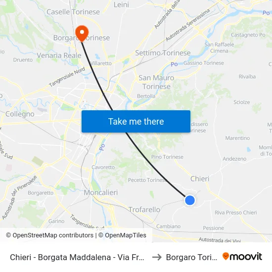 Chieri - Borgata Maddalena - Via Fratelli Cervi to Borgaro Torinese map