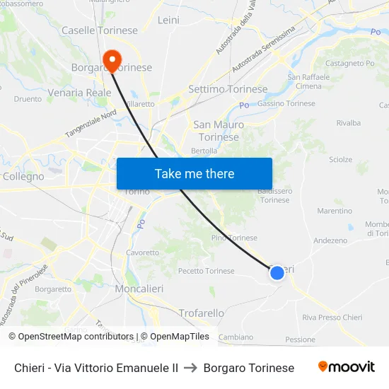 Chieri - Via Vittorio Emanuele II to Borgaro Torinese map