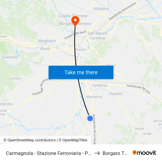 Carmagnola - Stazione Ferroviaria - Piazza XXX Aprile to Borgaro Torinese map