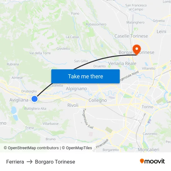 Ferriera to Borgaro Torinese map