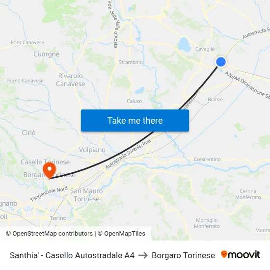 Santhia' - Casello Autostradale A4 to Borgaro Torinese map