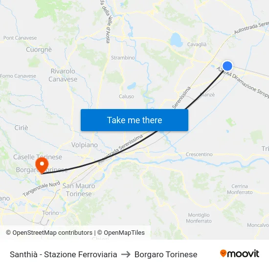 Santhià - Stazione Ferroviaria to Borgaro Torinese map