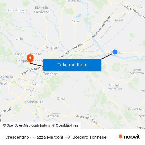 Crescentino - Piazza Marconi to Borgaro Torinese map