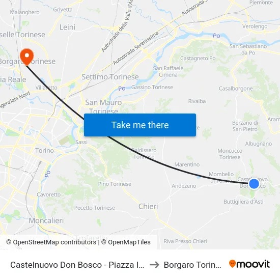 Castelnuovo Don Bosco - Piazza Italia to Borgaro Torinese map