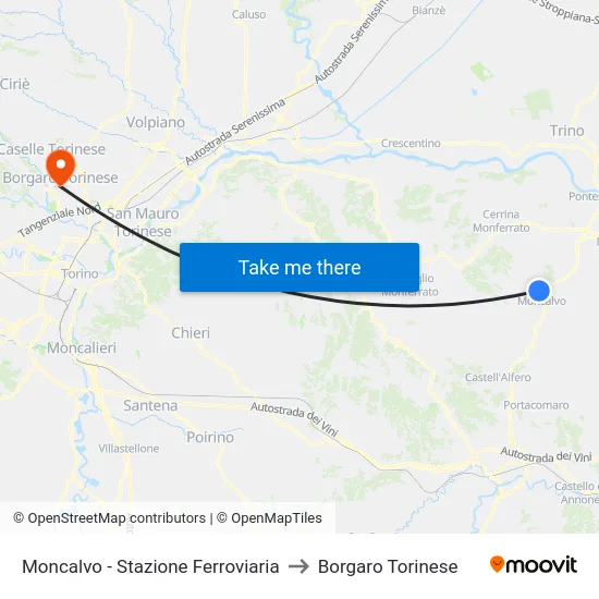 Moncalvo - Stazione Ferroviaria to Borgaro Torinese map