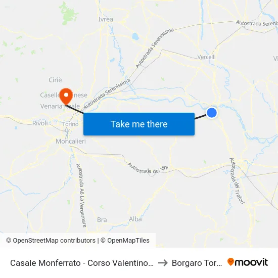 Casale Monferrato - Corso Valentino 155 - Coop to Borgaro Torinese map