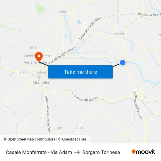 Casale Monferrato - Via Adam to Borgaro Torinese map