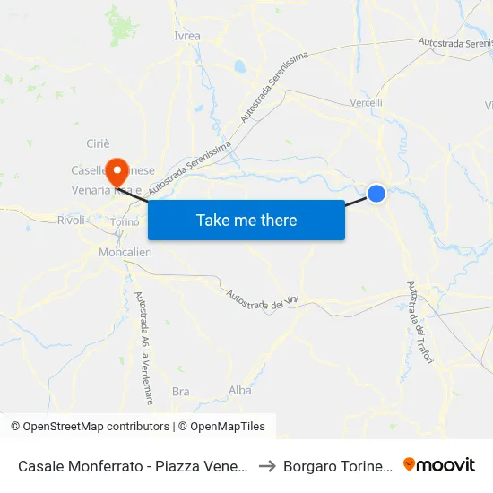 Casale Monferrato - Piazza Venezia to Borgaro Torinese map