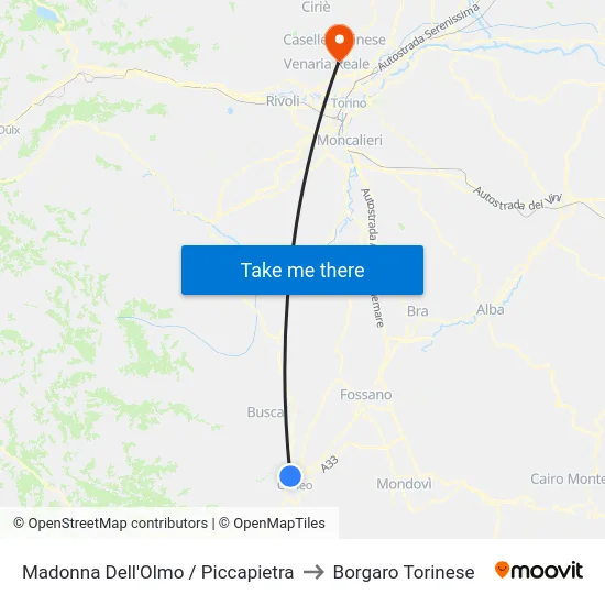 Madonna Dell'Olmo / Piccapietra to Borgaro Torinese map