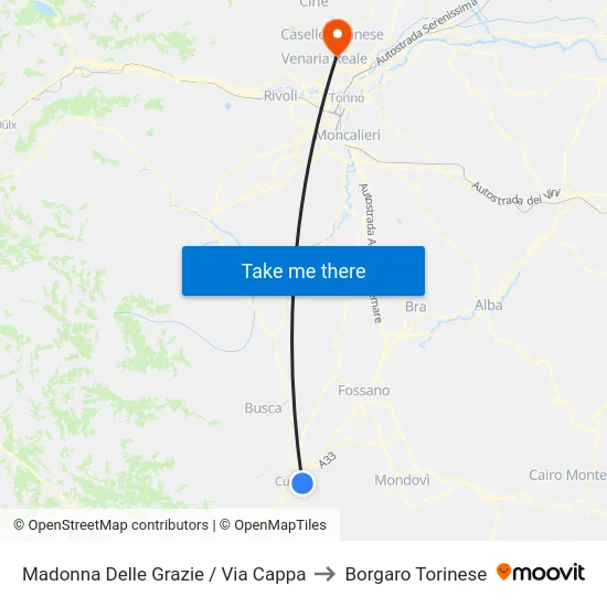 Madonna Delle Grazie / Via Cappa to Borgaro Torinese map