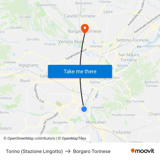 Turin (Lingotto Station) to Borgaro Torinese map