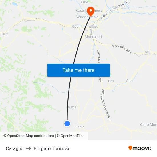 Caraglio to Borgaro Torinese map
