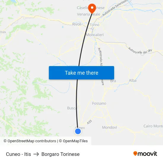 Cuneo - Technical Institute to Borgaro Torinese map