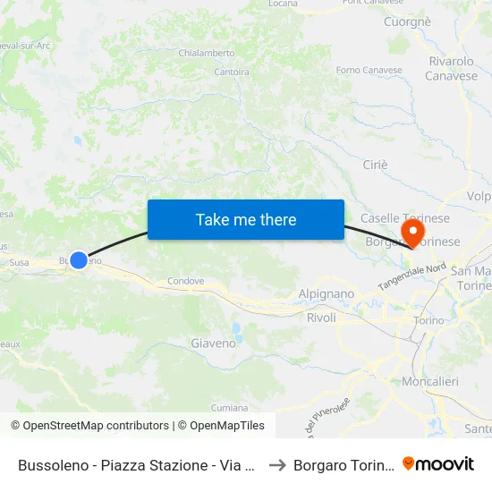 Bussoleno - Piazza Stazione - Via Traforo to Borgaro Torinese map
