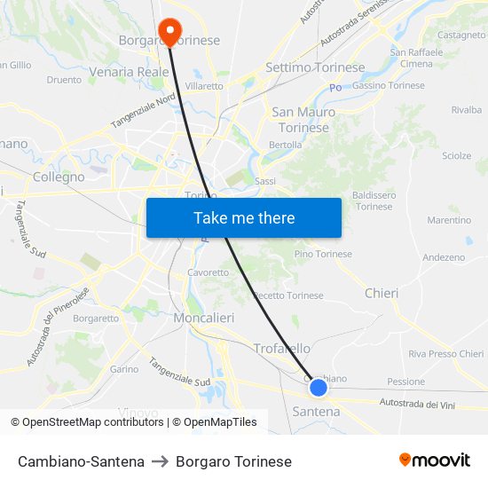 Cambiano-Santena to Borgaro Torinese map