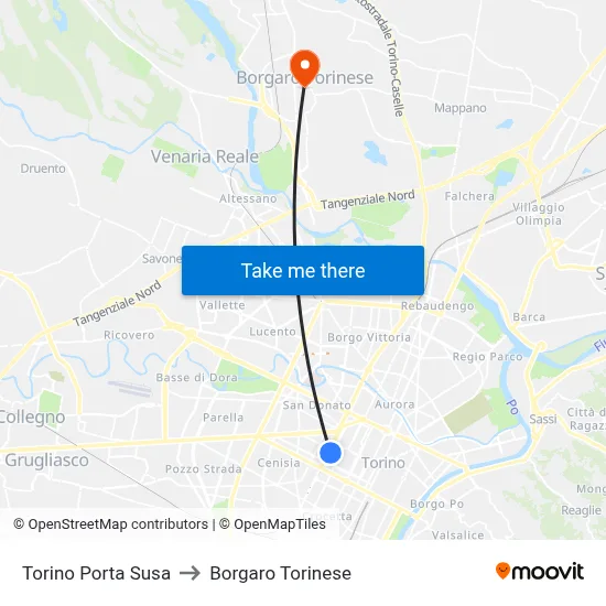 Turin Porta Susa to Borgaro Torinese map