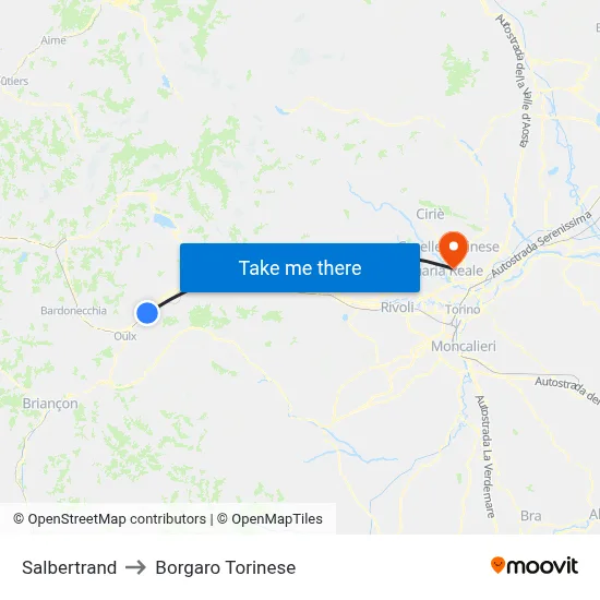 Salbertrand to Borgaro Torinese map