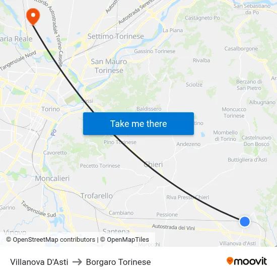 Villanova D'Asti to Borgaro Torinese map