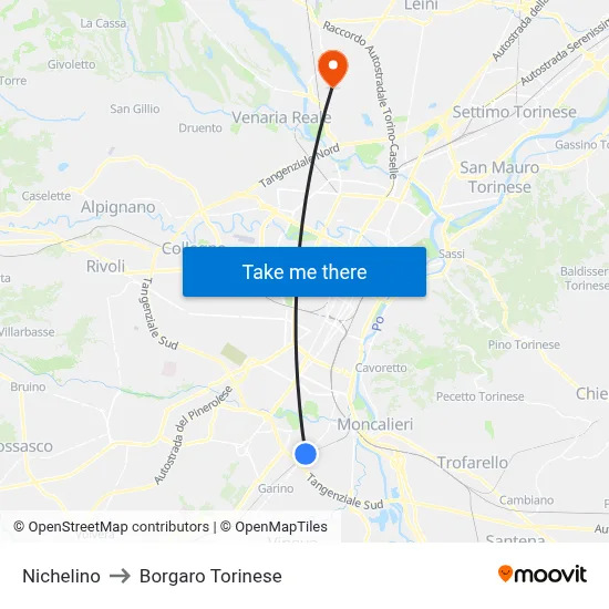 Nichelino to Borgaro Torinese map