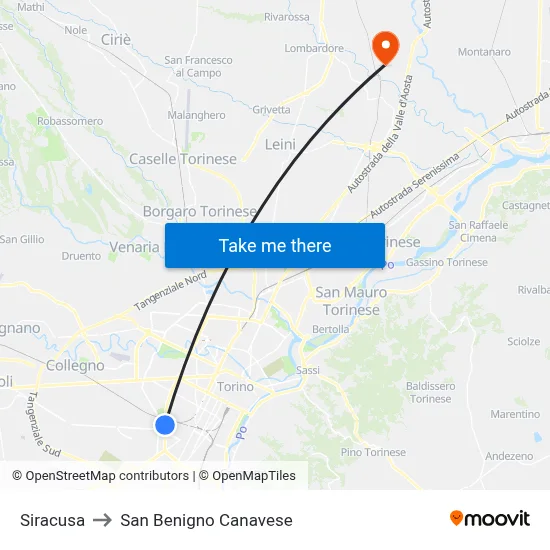 Siracusa to San Benigno Canavese map