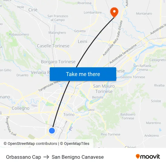 Orbassano Terminal to San Benigno Canavese map