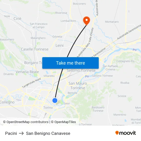 Pacini to San Benigno Canavese map
