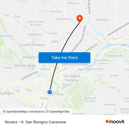 Novara to San Benigno Canavese map