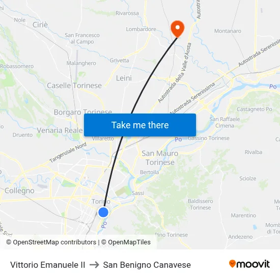 Vittorio Emanuele II to San Benigno Canavese map