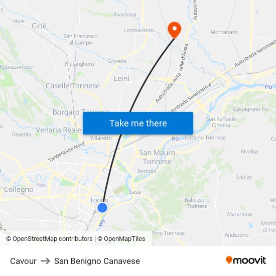 Cavour to San Benigno Canavese map